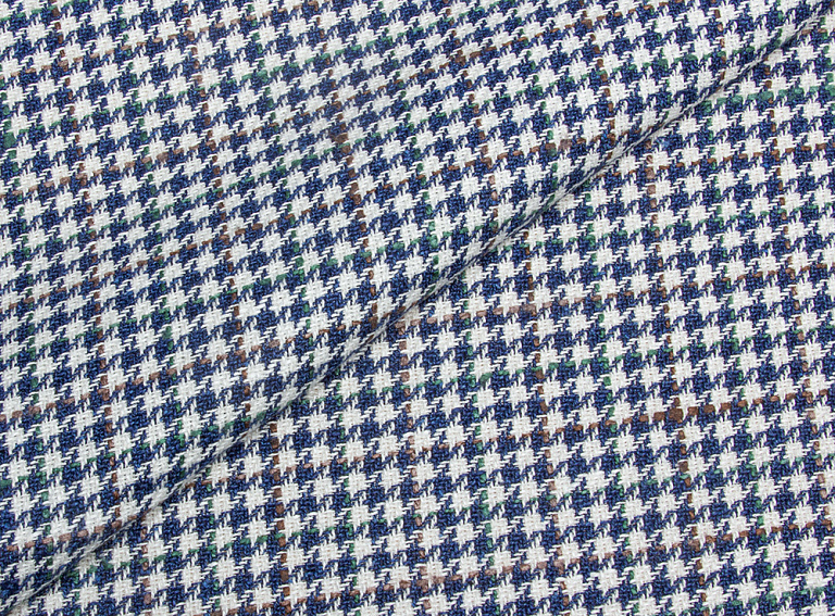 Фото ткани Шерстяная ткань, цвет - синий, коричневый, зеленый, молочный, клетка, гусиная лапка