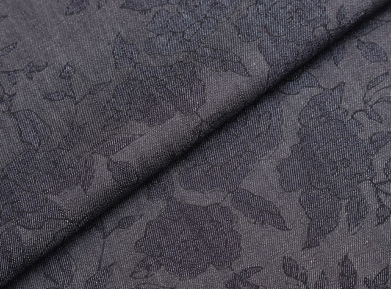 Фото ткани Джинса с рисунком, цвет - синий и цветы