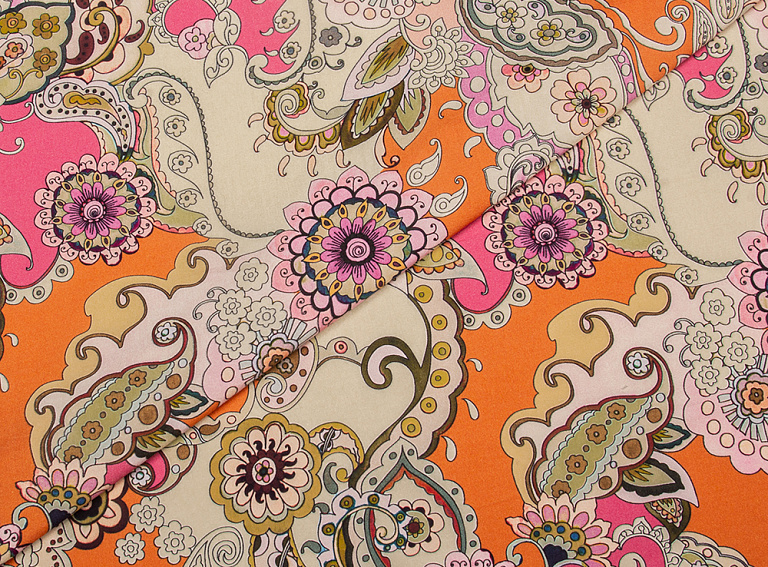 Фото ткани Хлопковая ткань с рисунком, цвет - бежевый, розовый, оранжевый, цветы