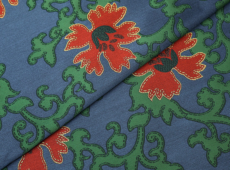 Фото ткани Жаккард с рисунком, цвет - синий, зеленый, цветы