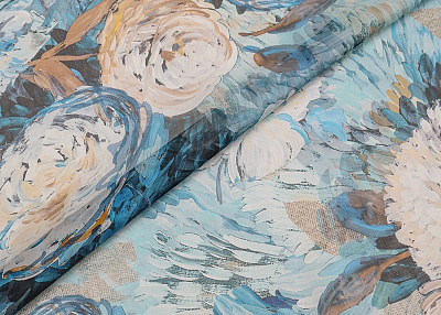 Фото ткани Шифон с цветами, цвет - бирюзово-голубой