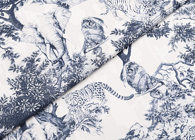 Фото ткани Хлопковый батист тип Dior с рисунком Туаль-де-Жуи, цвет - синий, белый, жемчужный