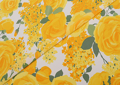 Фото ткани Натуральный шелк с розами тип Valentino, цвет - желтый, белый