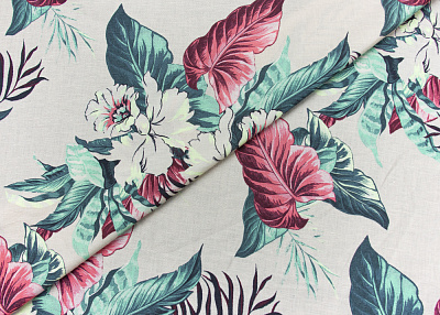 Фото ткани Льняная ткань, цвет - пудра и цветы