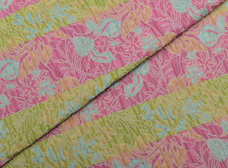 Фото ткани Ткань матлассе с рисунком, цвет - розовый, зеленый, голубой, полоска, цветы