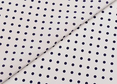 Фото ткани Натуральный шелк в синий горох, цвет - белый