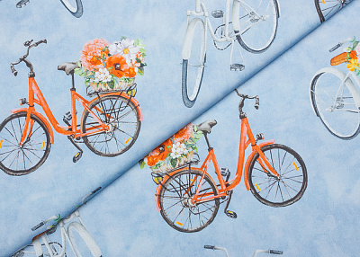 Фото ткани Хлопковая ткань с рисунком, цвет - красный, голубой, оранжевый, велосипеды
