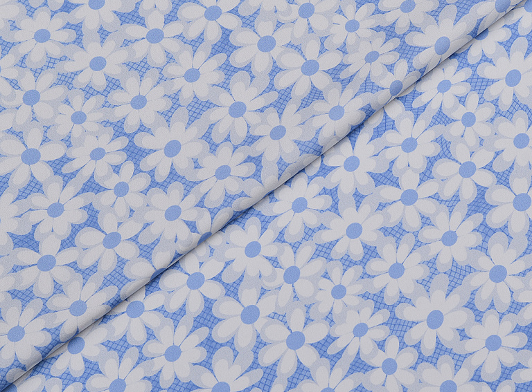 Фото ткани Натуральный шелк с цветами, цвет - белый, голубой