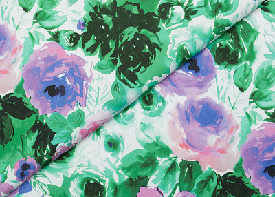 Фото ткани Хлопковая ткань, цвет - фиолетовый, розовый, белый, зеленый, сиреневый, цветы