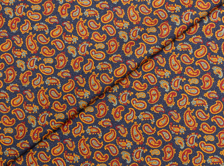 Фото ткани Хлопковая ткань тип Etro, цвет - синий, оранжевый, пейсли