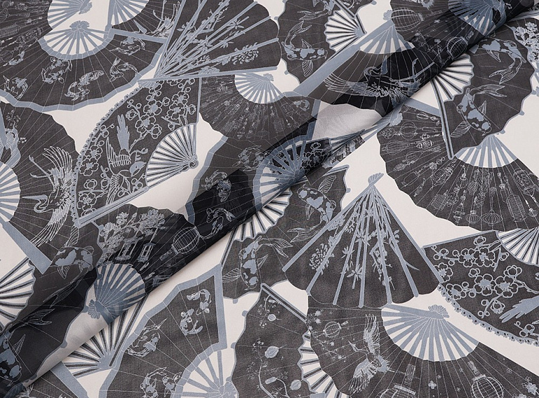 Фото ткани Шифон с веером, цвет - синий на белом фоне