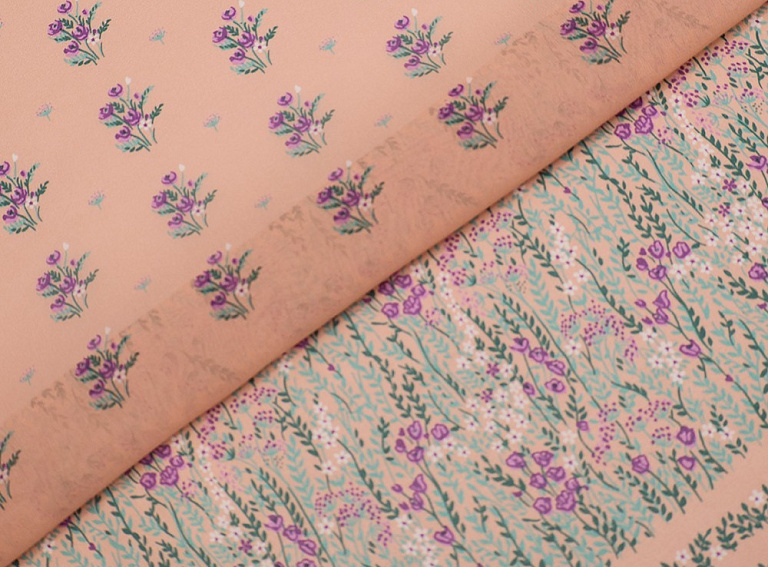 Фото ткани Шифон тип Valentino с рисунком (купон), цвет - персиковый и цветы