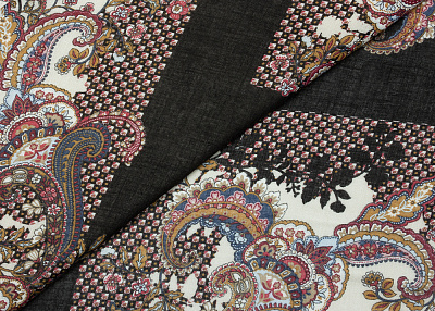 Фото ткани Кашемировая ткань с рисунком, цвет - черный, бордовый, голубой, пейсли