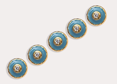 Фото ткани Пуговица круглая со стразами, цвет - золотой и бирюзовый