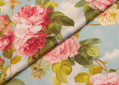 Фото ткани Натуральный шелк с розами тип Dolce&Gabbana, цвет - голубой