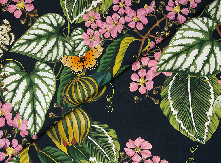 Фото ткани Хлопок с рисунком, цвет - розовый, зеленый, черный, цветы