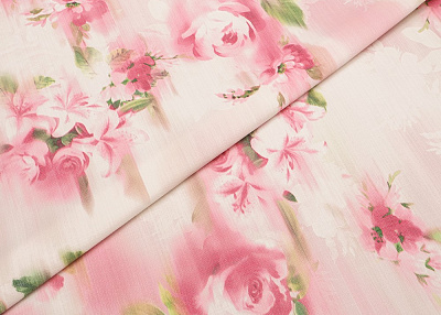Фото ткани Джинса хлопковая с цветами тип Dior, цвет - розовый