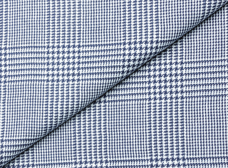Фото ткани Льняная ткань тип Brunello Cucinelli, цвет - синий и белый, гусиная лапка, клетка