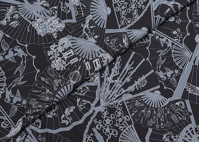 Фото ткани Натуральный шелк с веером, цвет - синий