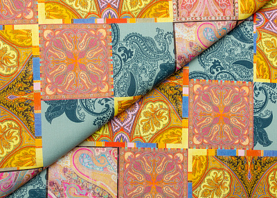 Фото ткани Хлопковая ткань тип Etro, цвет - желтый, голубой, сиреневый, пейсли