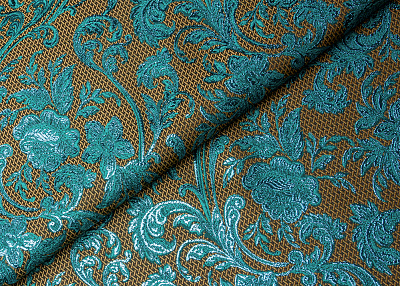Фото ткани Жаккард с люрексом, цвет - бирюзовый, коричневый