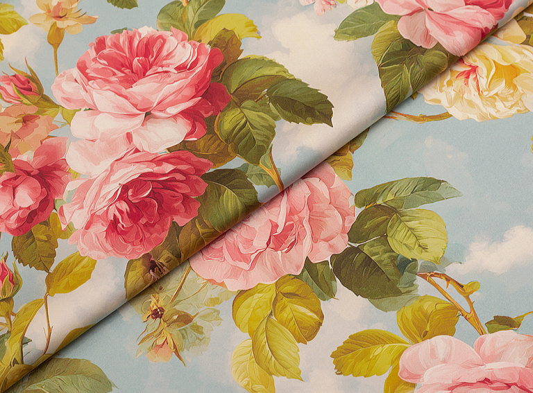 Фото ткани Натуральный шелк с розами тип Dolce&Gabbana, цвет - голубой