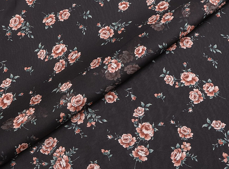 Фото ткани Шифон с мелкими розами, цвет - черный