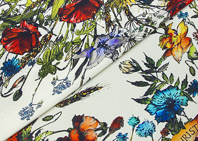 Фото ткани Натуральный шелковый купон тип Dior, цвет - молочный и цветы