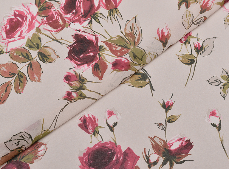 Фото ткани Шифон с розами, цвет - бежевый