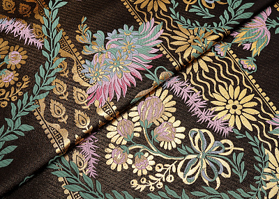 Фото ткани Жаккард с рисунком, цвет - черный, золотой, сиреневый