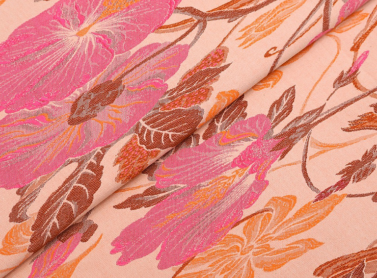 Фото ткани Жаккард с рисунком, цвет - пудра, розовый, фуксия, цветы