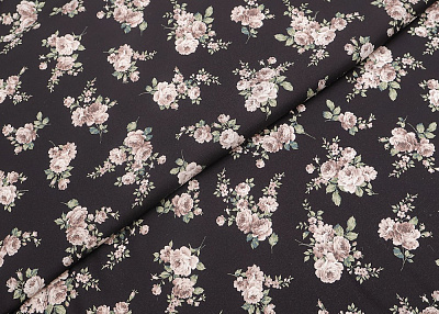 Фото ткани Натуральный шелк с мелкими розами, цвет - черный