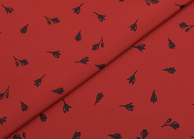 Фото ткани Натуральный шелк с черными мелкими цветами, цвет - красный