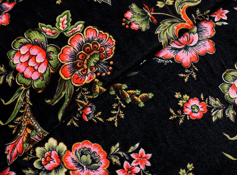 Фото ткани Бархат тип Valentino с рисунком, цвет - черный и цветы