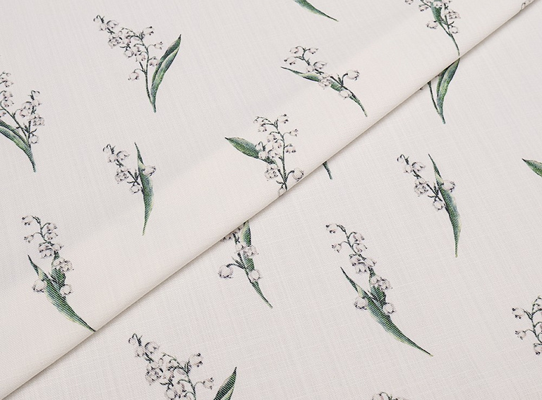 Фото ткани Хлопковая джинса ландыши тип Dior, цвет - белый и цветы