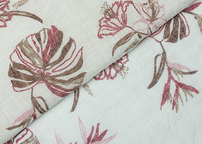 Фото ткани Льняная ткань, цвет - белый, коричневый, бордовый, полоска, цветы