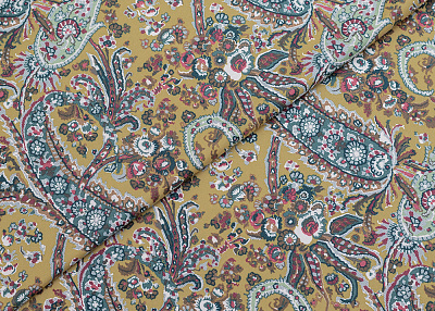 Фото ткани Хлопковый трикотаж тип Etro с рисунком, цвет - желтый, горчица, пейсли