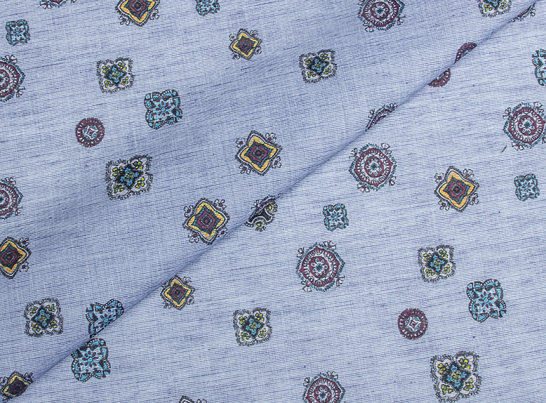 Фото ткани Хлопковая ткань тип Etro с рисунком, цвет - желтый, синий, бордовый, голубой