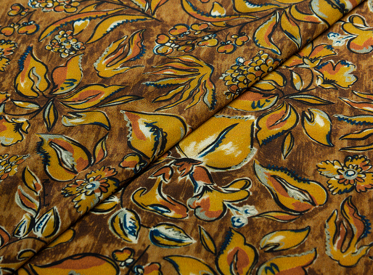 Фото ткани Шелковый креп тип Gucci, цвет - коричневый и цветы