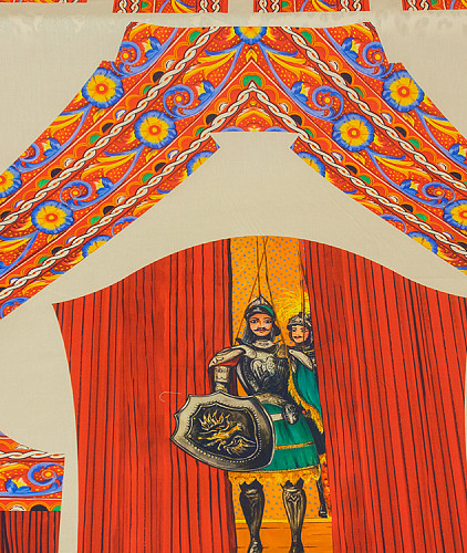 Детали рубашки тип Dolce&Gabbana с рисунком (купон), цвет - бежевый и красный, рыцари. Изображение 7