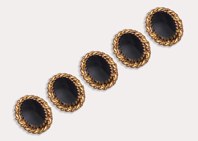 Фото ткани Пуговица овальная металлическая, цвет - черный и золотой