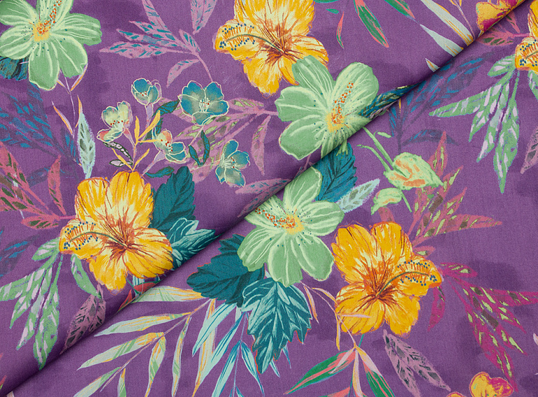 Фото ткани Батист Liberty, цвет - зеленый, сиреневый, лиловый, цветы