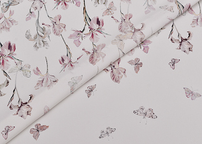 Фото ткани Натуральный шелк тип Dior с ирисами (купон), цвет - белый, розовый, бабочки, цветы
