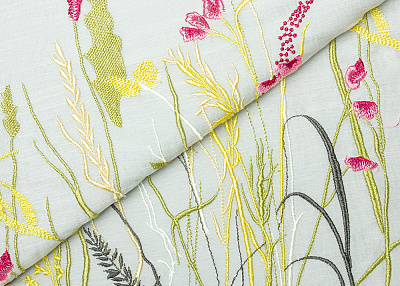 Фото ткани Шифон с вышивкой, цвет - молочный, зеленый, желтый, цветы