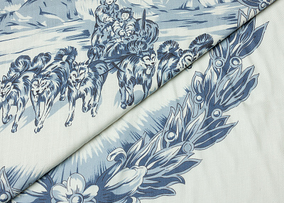 Фото ткани Кашемировый платок с рисунком (купон) тип Rani Arabella, цвет - синий, молочный, собаки, эскимосы