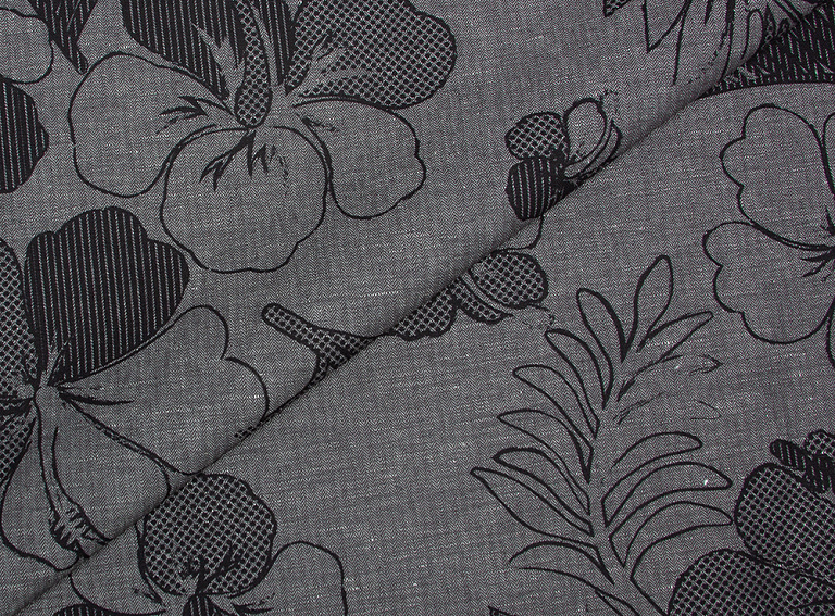 Фото ткани Льняная ткань, цвет - белый, черный, цветы, елочка