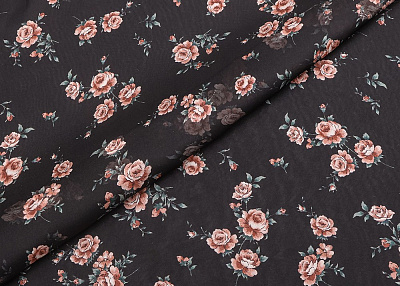 Фото ткани Шифон с мелкими розами, цвет - черный
