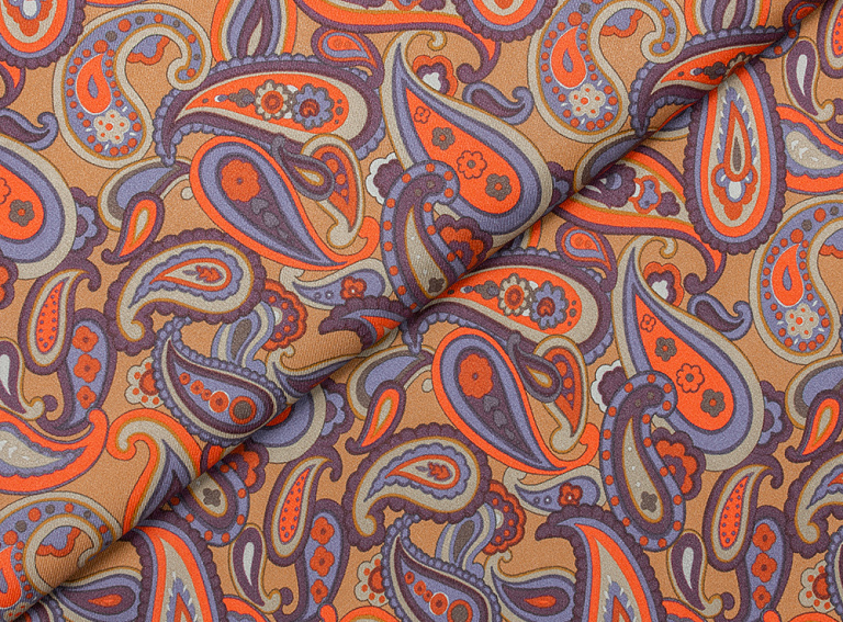 Фото ткани Твиловый шелк тип  Etro, цвет - оранжевый, сиреневый, бежевый, горчичный, пейсли