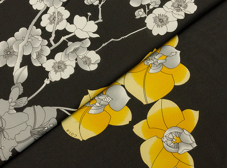 Фото ткани Шифон с цветами, цвет - черный, желтый