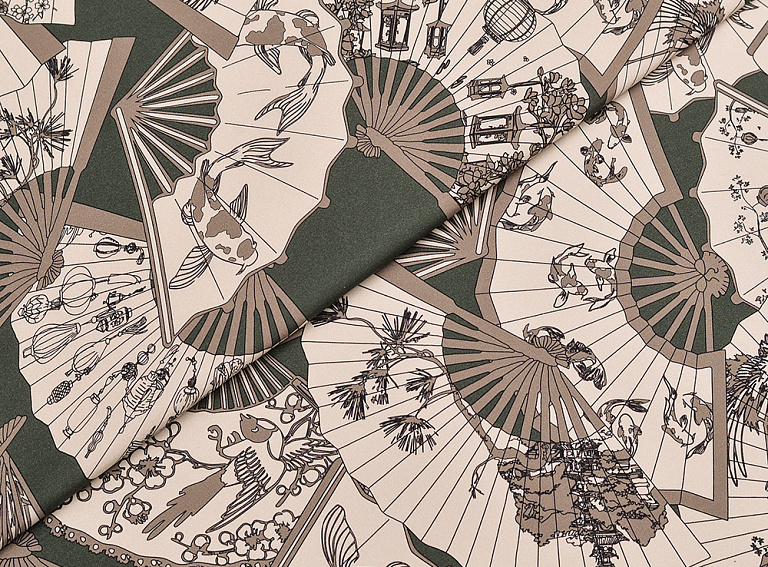 Фото ткани Натуральный шелк с веером, цвет - бежевый, зеленый